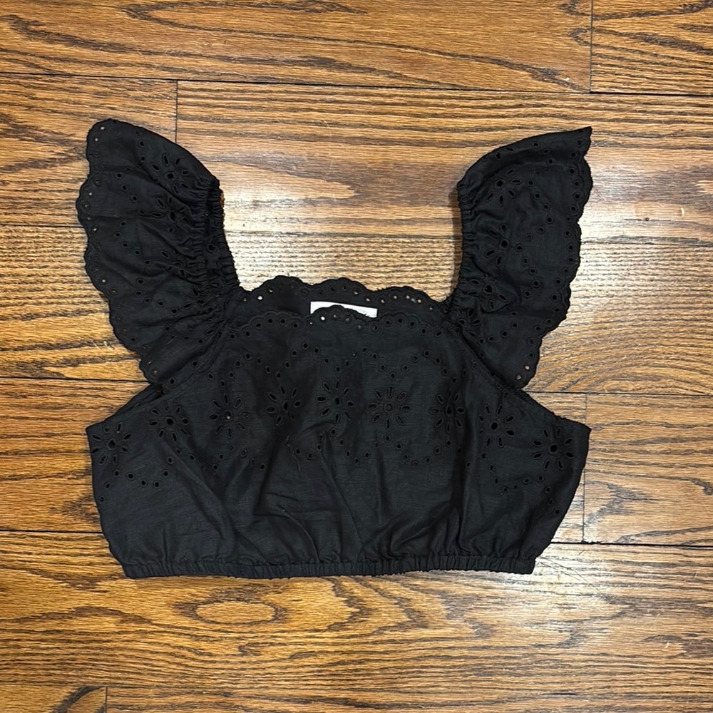 Rachel Parcell Black Flutter Sleeve Ruffled Crop Top